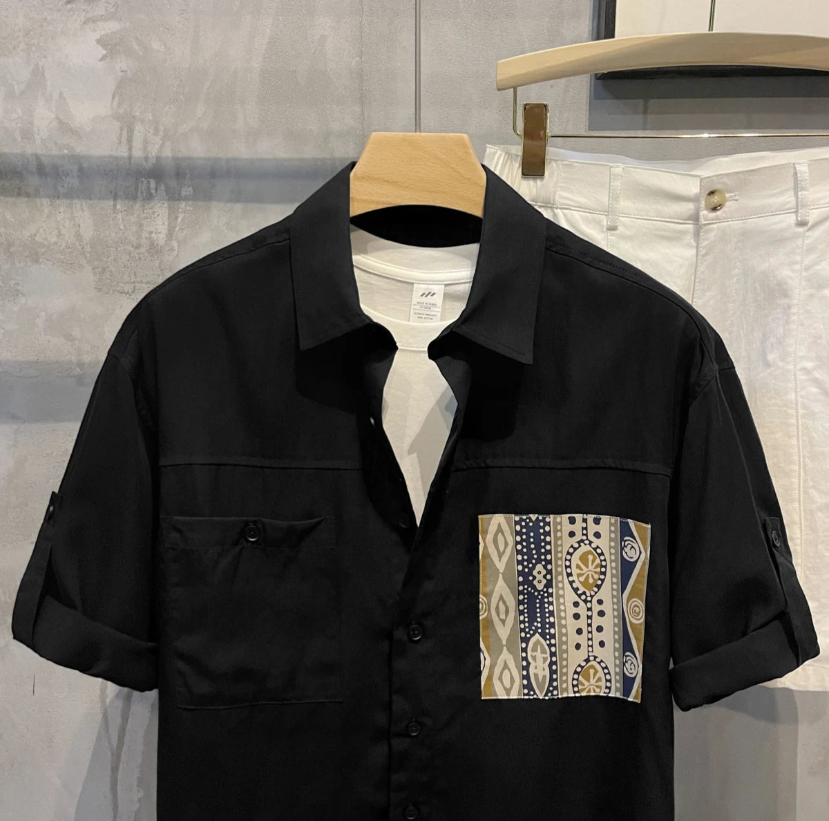 Short Sleeve With Pocket Male Shirts Button Up Print Loose Men&