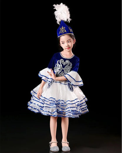 Kazakhstan Dance Costumes For Girls National Clothes Kids Halloween Carnival Clothing Stage Performance Clothing (Hat+Clothes)