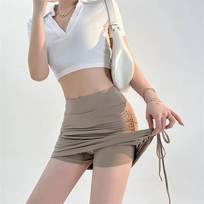 Sexy Women Summer Mini Skirts Drawstring High Waist Wrapped Hip Skirt Female Wild Solid Folds Slim Elastic Shorts Y2K Skirts