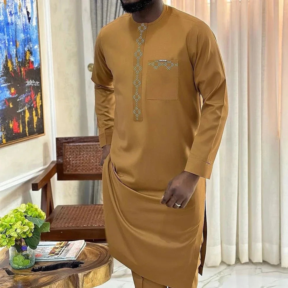 Kaftan Men Wedding Suits Groom Embroidered Pocket Top And Pants Kaunda Suit African casual Outfits Party Fashion Two-piece Set
