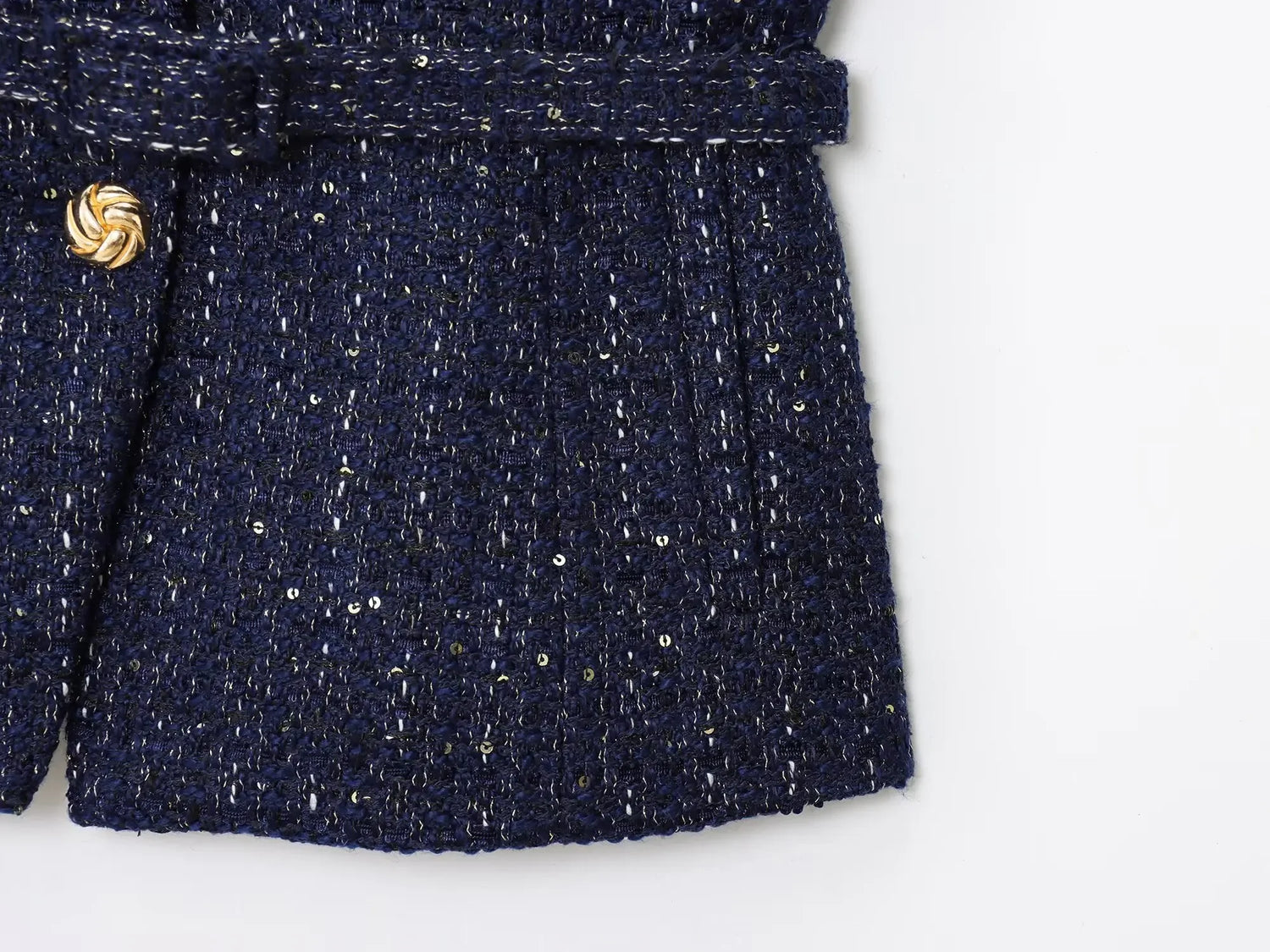 Women 2025 Fashion Blue Tweed Blazer Coat With Belt Female Short Sleeve Outerwear