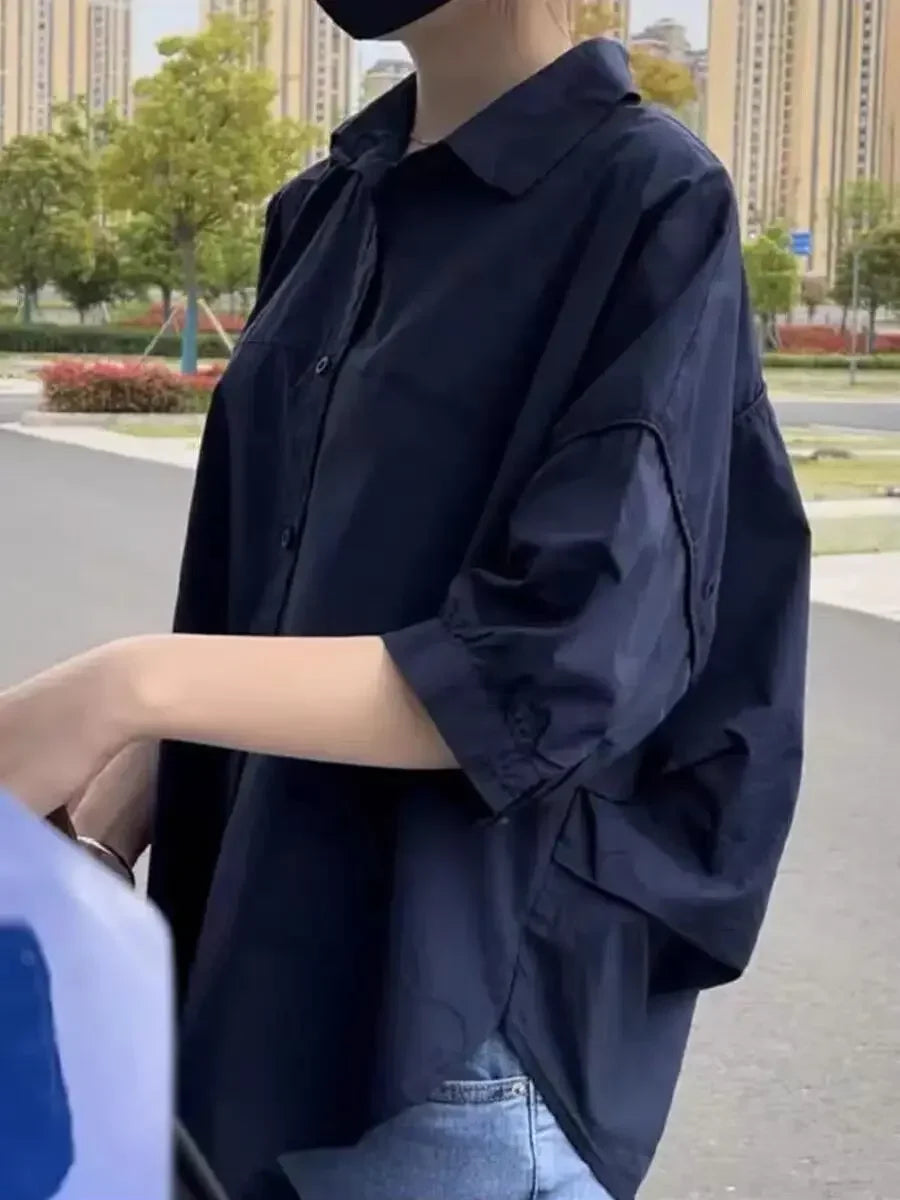 Women Blouses Elegant Streetwear Office Casual Loose Button Up White Blue Long Sleeve Vintage Oversize Shirt Tops