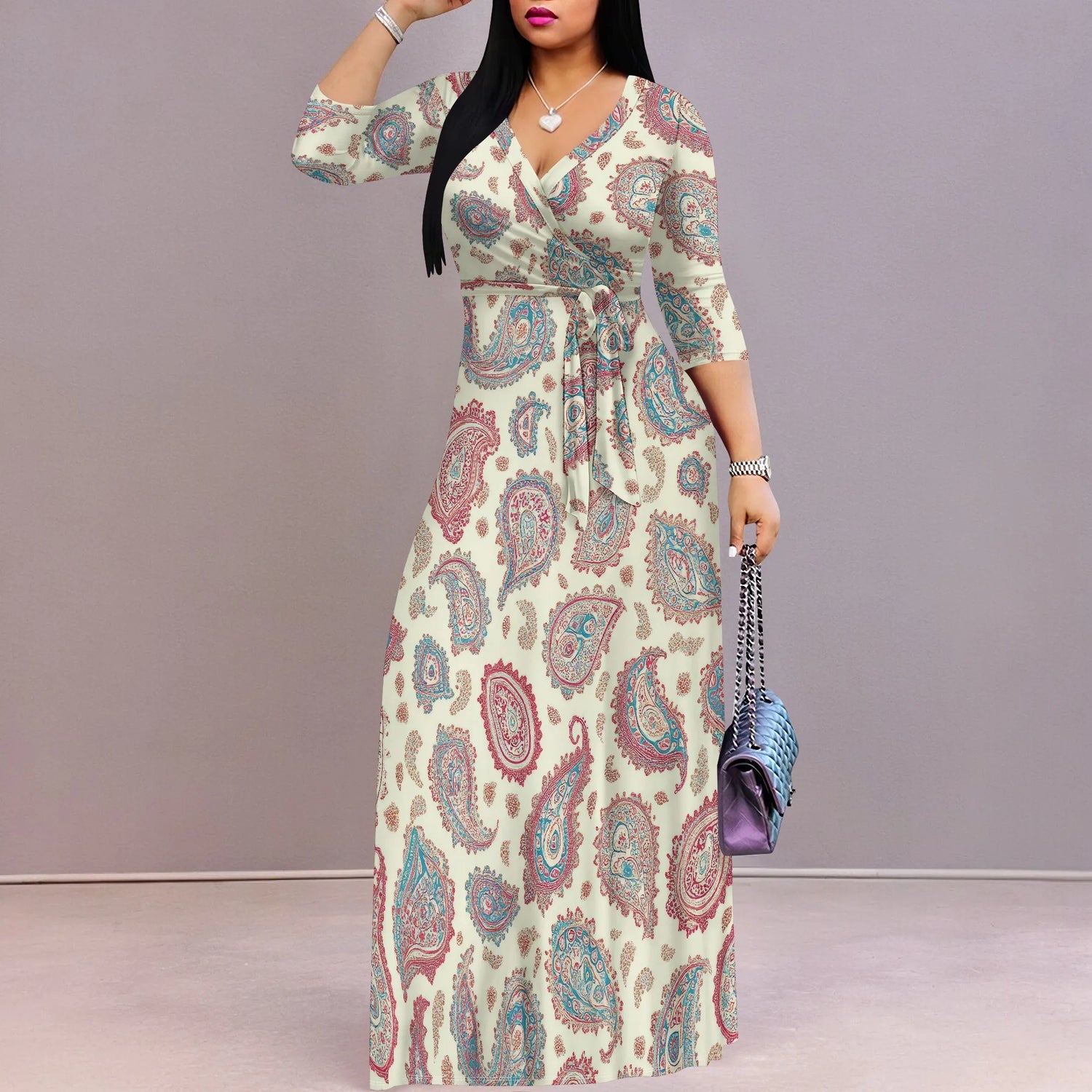 Plus Size Dresses for Women Print Maxi Dresses Flowy 3/4 Sleeve with Belt