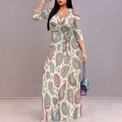 Plus Size Dresses for Women Print Maxi Dresses Flowy 3/4 Sleeve with Belt