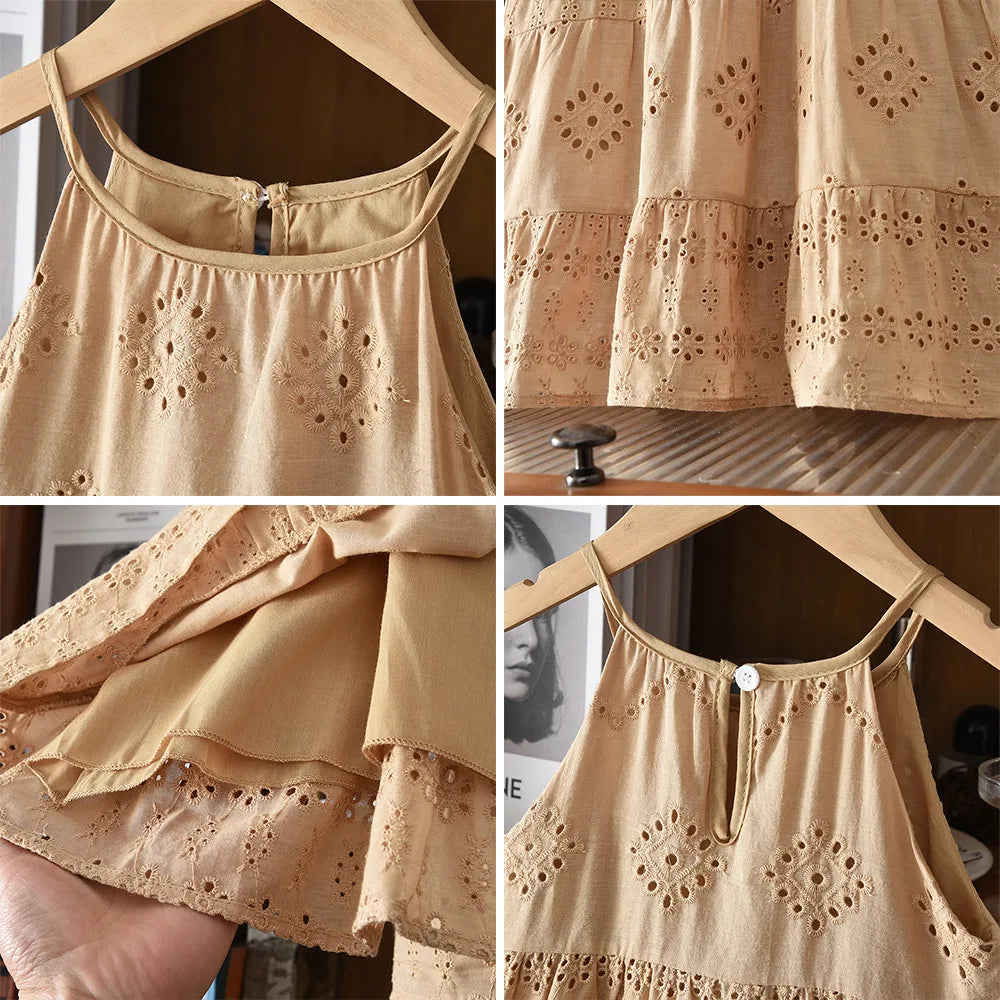 2026 Kids Clothing Korean Dress for Girls Solid Color Lace Hollow-out Suspenders Dresses Plain Cotton Girls Summer Clothes