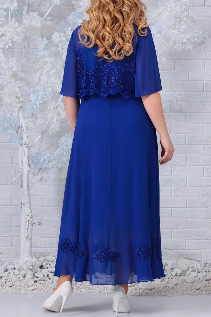 Plus Size Chiffon Half Sleeve Fake Two Pieces Maxi Dresses