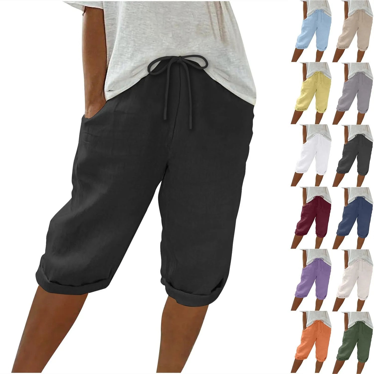 Casual Cotton Linen Pants For Female Streetwear Solid Color Wide Leg Capri Versatile Palazzo Pants Baggy Cargo Pants With Pocket