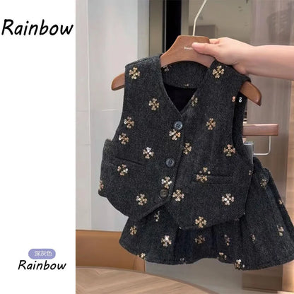 Kids Girls 2-Piece Clothing Set V-Neck Woolen Vest And Pleated Half-Length Skirt Autumn Winter Children&