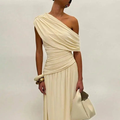 Seductive Dress Fashionable One-Shoulder Ruched Dress Minimalist Solid Asymmetrical Dress Irregular Hemline Wholesaler Gown