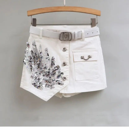 Fashion Sequin Denim Short Skirt Women Spring/Summer 2025 New Korean High Waist Slim Irregular Sexy Hot Pants White Black Casual