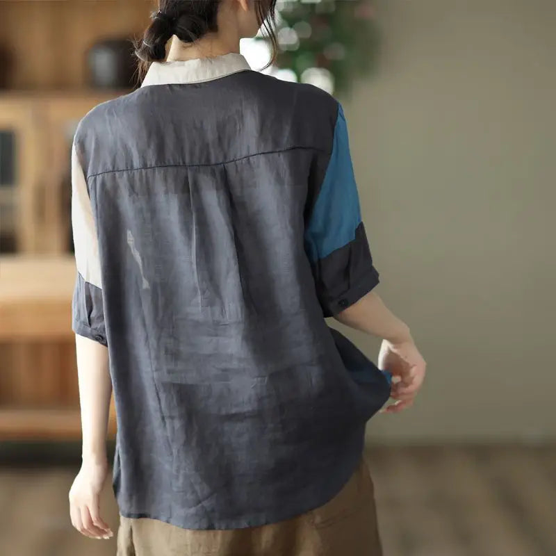 Cotton and Linen Shirt for Women Fashionable and Versatile Cardigan Lapel Top Thin Blouse Patchwork Casual Chic Female Clothes