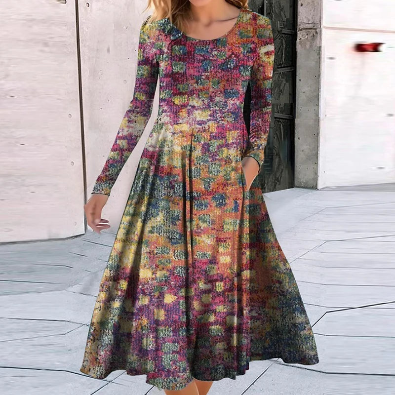 Fashion Bohemian Dresses For Women O Neck Long Sleeve Vintage Print Maxi Long Dress Women Elegant Autumn Dress