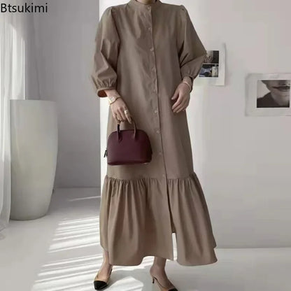Fashion Summer Dress for Women Vintage Ruffles Hem Cardigan Long Dresses Women Elegant Casual Sundress Party Vestidos Robe Femme