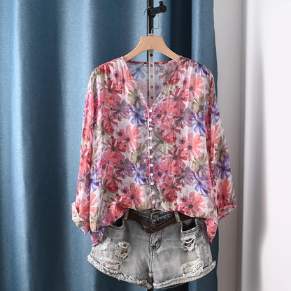 2026 Autumn clothes woman French fashion v neck rose floral print shirts and blouses for women vintage ladies tops