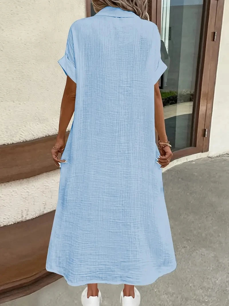 Short Sleeve Button Down Shirt Dress with Pockets Casual Loose Fit Maxi Dress for Women
