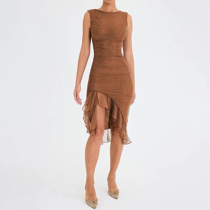 2025 Spring And Summer Sleeveless Dresses Women New Fashion Mesh Tight Solid Color Elegant Temperament Irregular Hem Vestidos