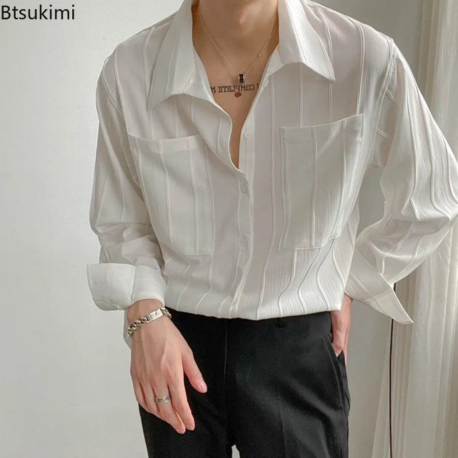 High-end Men Clothing Long Sleeve Business Social Shirts Fashion Drapped Solid All-match Blouse Non-ironing Dress Shirts for Men