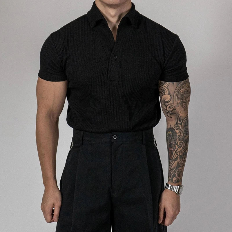 Trendy Ribbed Polo Shirts For Men Sports Fitness Muscle Short Sleeve Slim Stretch Tops Casual Pure Color Lapel Polo Mens T Shirt
