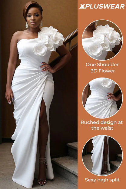 Plus Size Wedding White Elegant One Shoulder Strappy 3D Maxi Dresses