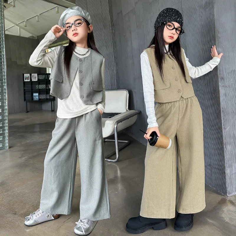 Design junior girls clothes set Round neck vest+cotton t-shirt+Wide leg pants 3pcs teenage kids clothing suit chidren outfits 14