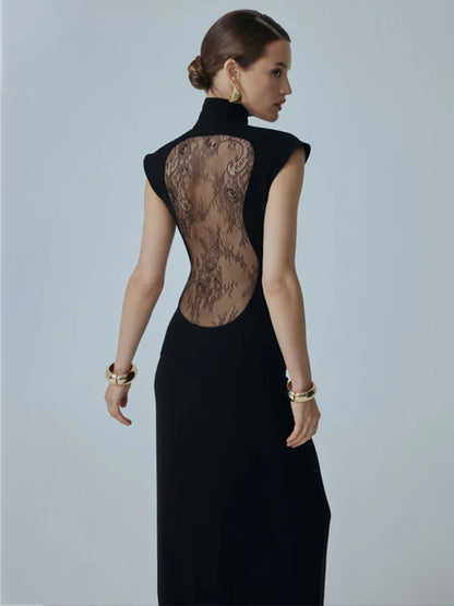Solid Dresses For Women Fashion Sexy Streetwear Short Sleeves Turtleneck Hollow Out Sheer Long Vestidos Robes Female Elegant Fit