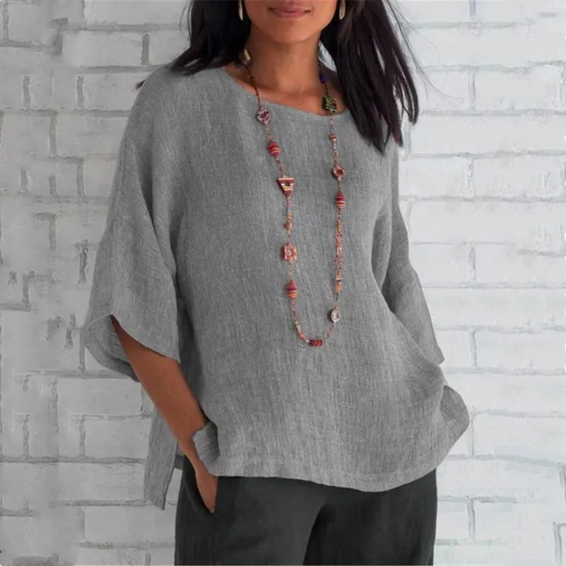 Cotton Blouse Shirts Summer O-Neck Three Quarter Loose Casual Blouse Tops Summer Cothes For Women Streetwear
