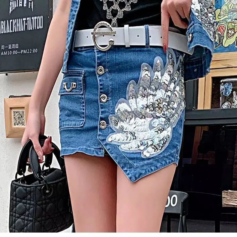 Fashion Sequin Denim Short Skirt Women Spring/Summer 2025 New Korean High Waist Slim Irregular Sexy Hot Pants White Black Casual