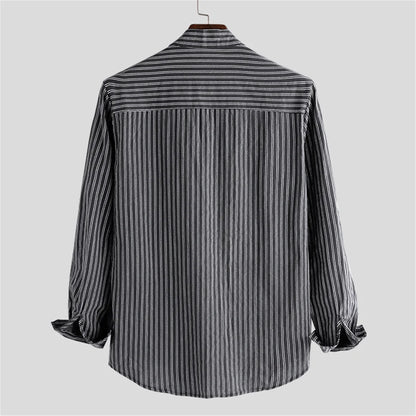 British Style Striped Cotton Linen Shirts For Men Long Sleeve Stand Collar Tops Spring Autumn Fashion Comfort Shirts Streetwear