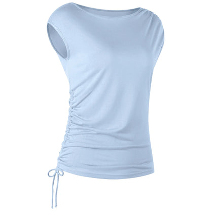 Sleeveless Pleated Cover Shirt with Drawstring, Tight Waist, High-end Feeling, Breathable and Slimming Sports T-shirt