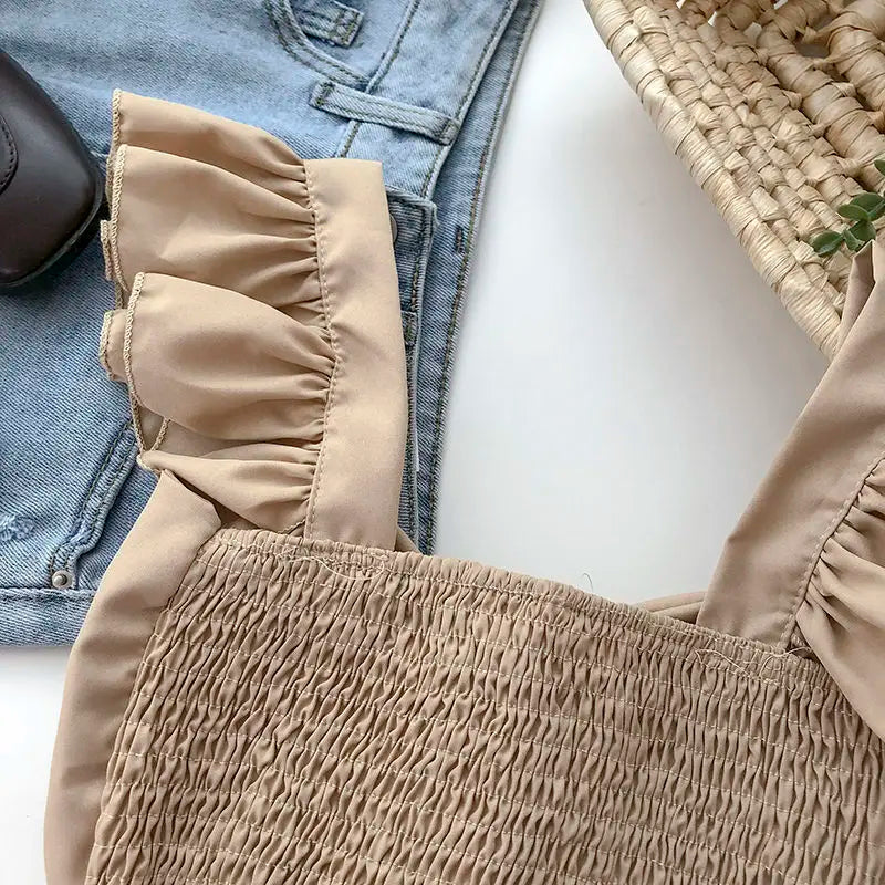 Crop Tops Camis Women Ruffles Sexy Elegant Simple Streetwear Vintage Summer Holiday Casual Young Aesthetic All-match Ulzzang New