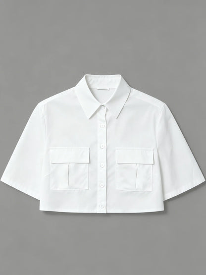 Cropped Button Down Shirt for Women Short Sleeve Collared Blouse with Flap Pockets Casual Office Streetwear Summer Crop Top