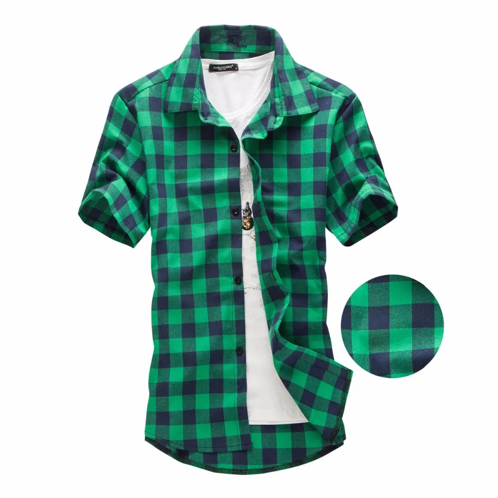 2025 New Summer Fashion Button Up Chemise Homme Checkered Shirts Men Short Sleeve Blouses Tops