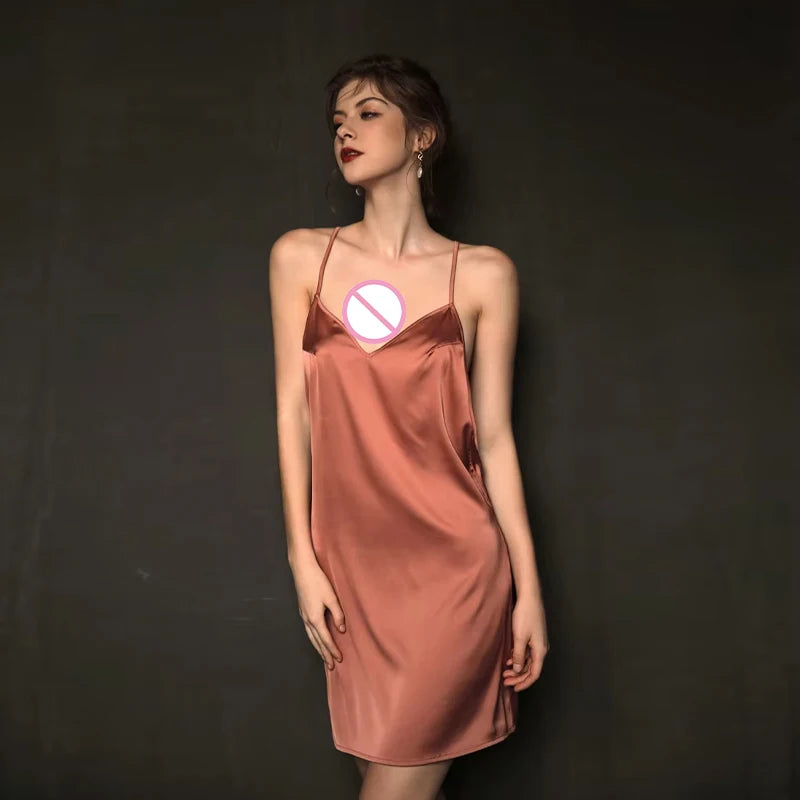 Sexy Pajamas Night Dress Women Sleepwear Deep V Suspender Nightdress Beauty Back Simulation Silk Nightgowns Thin Home Clothes