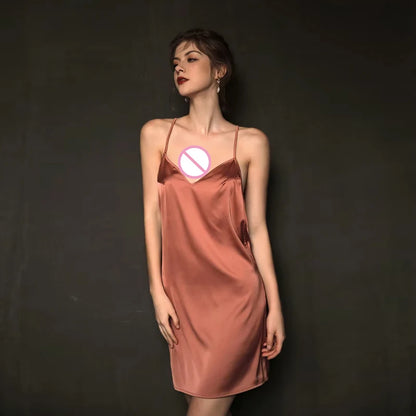 Sexy Pajamas Night Dress Women Sleepwear Deep V Suspender Nightdress Beauty Back Simulation Silk Nightgowns Thin Home Clothes