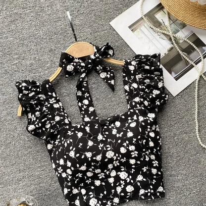 Crop Tops Camis Women Ruffles Sexy Elegant Simple Streetwear Vintage Summer Holiday Casual Young Aesthetic All-match Ulzzang New