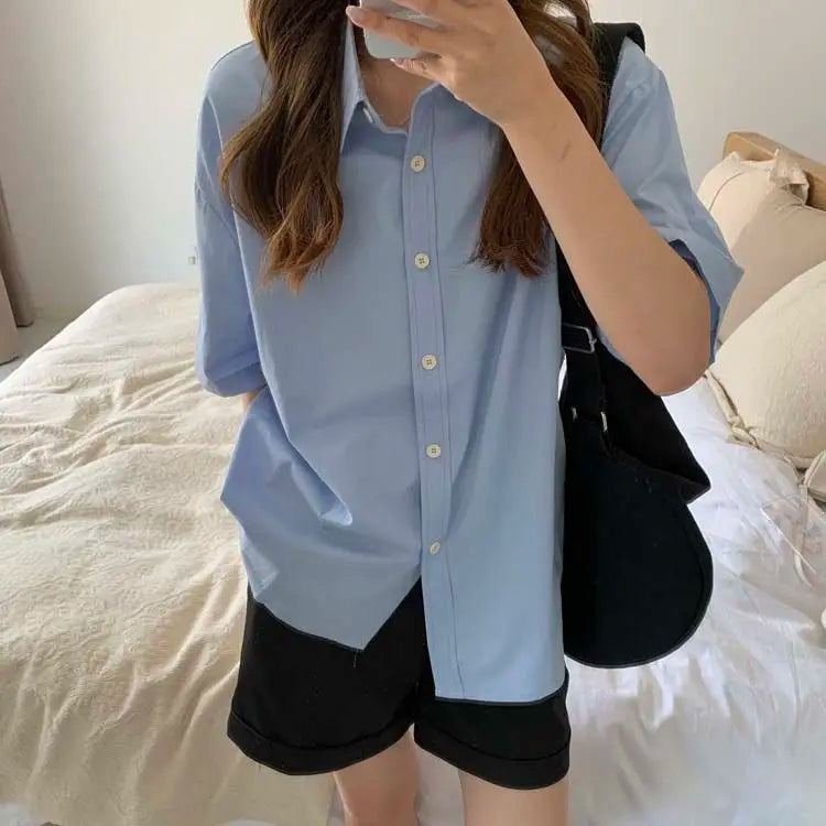 Short Sleeve Shirts Women Solid Cool Unisex College Рубашки Korean Style All-match Basic Mujer De Moda Prevalent Stylish Ins New