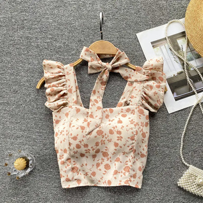 Crop Tops Camis Women Ruffles Sexy Elegant Simple Streetwear Vintage Summer Holiday Casual Young Aesthetic All-match Ulzzang New