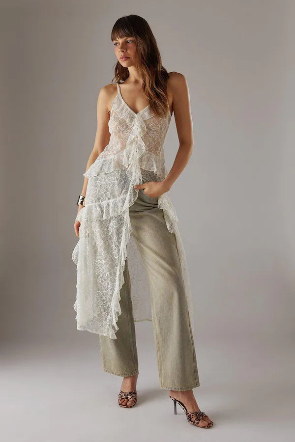 Women Lace Camisole, Sleeveless Tops V-neck Slit Ruffled Summer Long Sheer Tops Clubwear