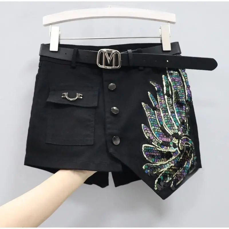 Fashion Sequin Denim Short Skirt Women Spring/Summer 2025 New Korean High Waist Slim Irregular Sexy Hot Pants White Black Casual
