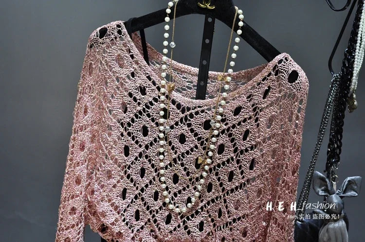 Fall Clothes for Women 2024 Fashion Sexy  Sequins Hollow Out Loose Gold Bright Silk Gown Bats Long-sleeved Round Collar Knitting