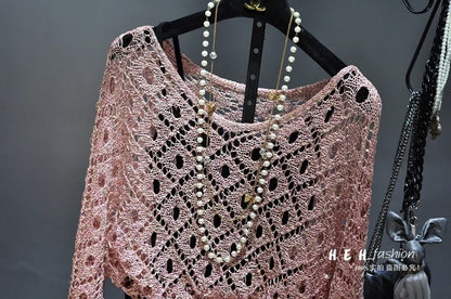Fall Clothes for Women 2024 Fashion Sexy  Sequins Hollow Out Loose Gold Bright Silk Gown Bats Long-sleeved Round Collar Knitting