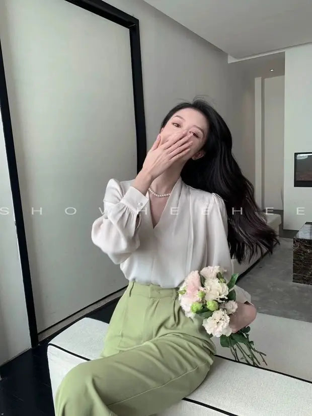 Women Clothing Fashion Loose V-Neck Chiffon Top Spring Autumn Elegant Long Sleeve Blouse Office Lady Simplicity Cozy Solid Shirt