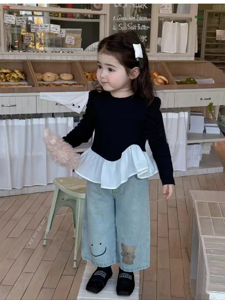 Korean Children Clothing 2025 Spring Clothing New Girls Splicing Long-sleeved T-shirt Top Girl Baby Ruffle Edge Bottoming Shirt