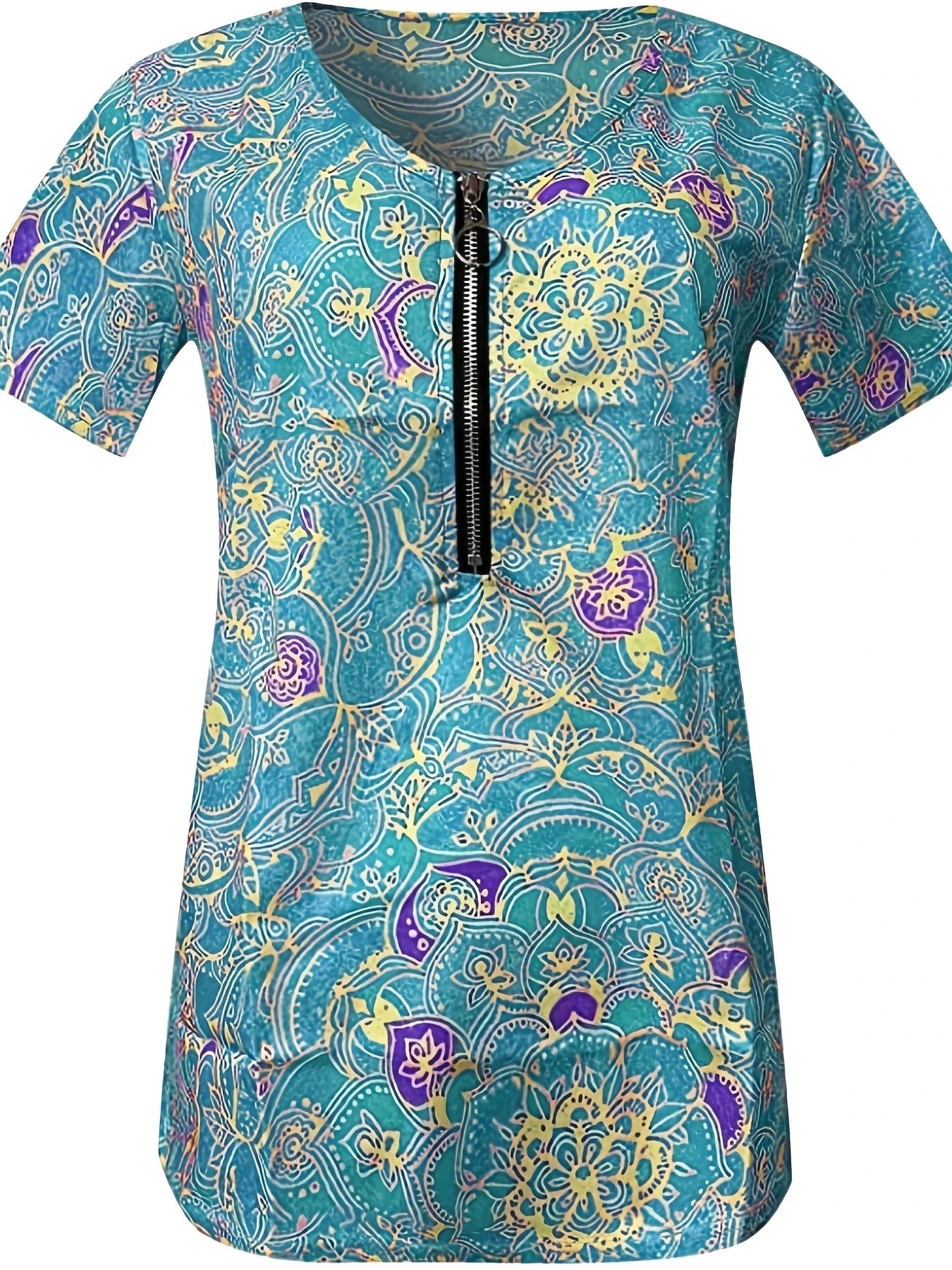 Women Fashion Short Sleeve Printed Zippered Top