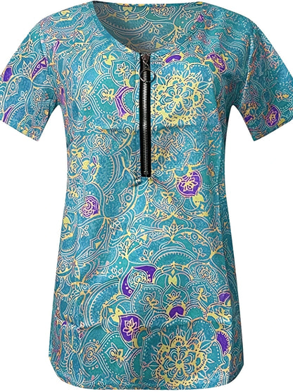 Women Fashion Short Sleeve Printed Zippered Top