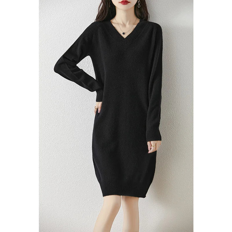 Fashion Autumn Winter Dress Women100%Merino Wool V-neck Long-sleeved Dress Women&