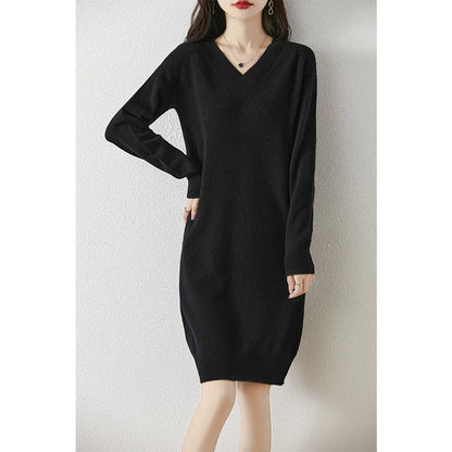 Fashion Autumn Winter Dress Women100%Merino Wool V-neck Long-sleeved Dress Women&