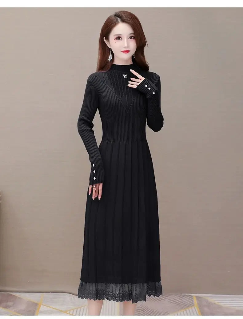 Elegant Fashion Women Dresses With Lace Trim And Knit Design For Autumn Winter