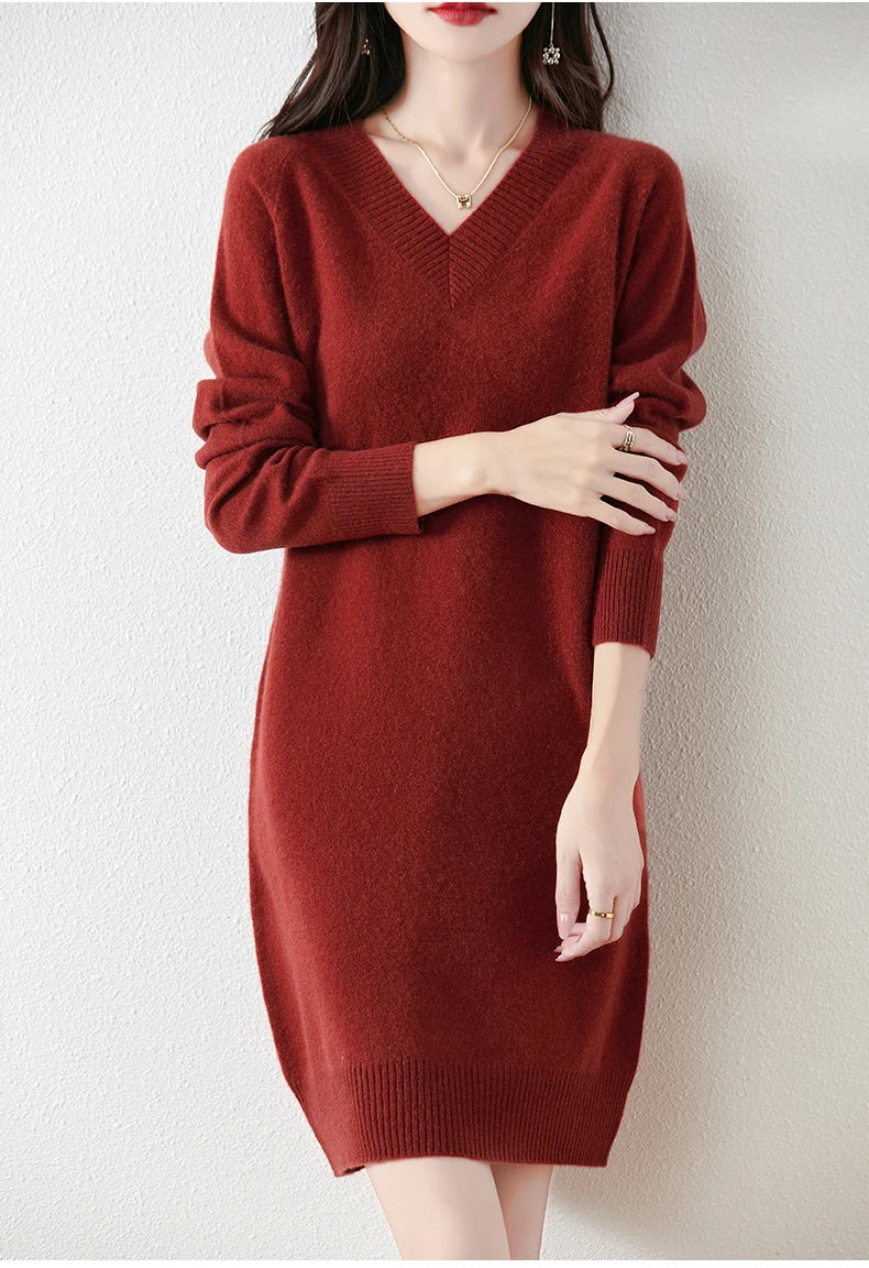 Fashion Autumn Winter Dress Women100%Merino Wool V-neck Long-sleeved Dress Women&