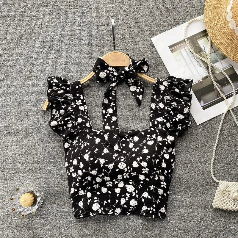 Crop Tops Camis Women Ruffles Sexy Elegant Simple Streetwear Vintage Summer Holiday Casual Young Aesthetic All-match Ulzzang New